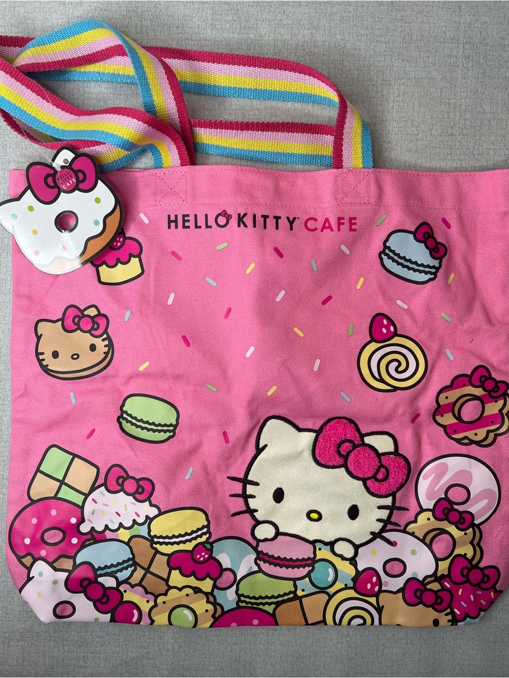 Hello Kitty Pink Dessert Tote with Rainbow Striped Handles
